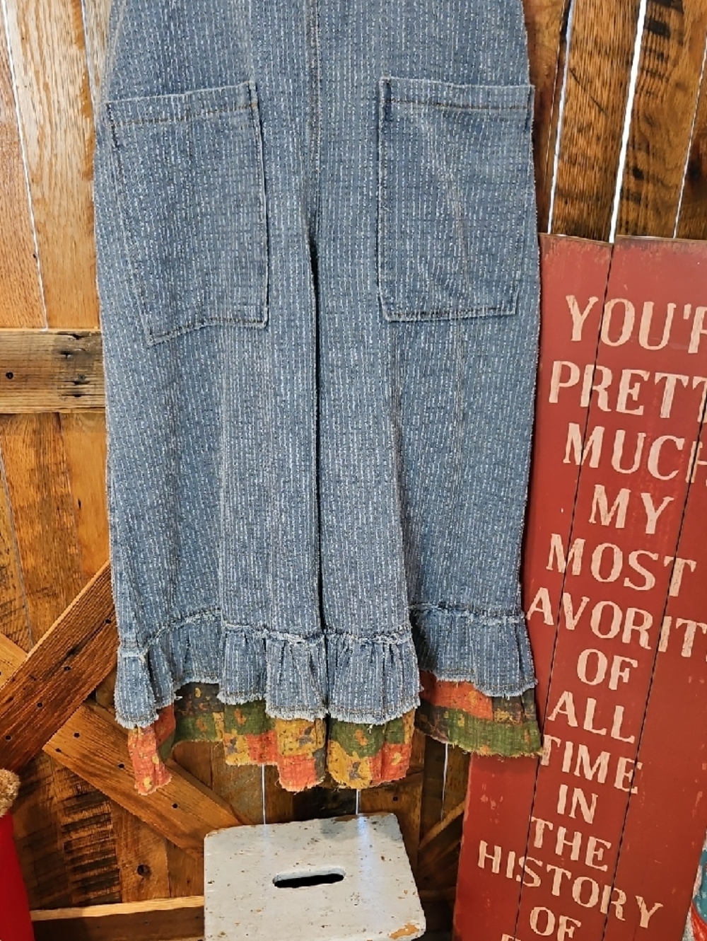 387 POL Denim Ruffled Hem Overalls with Patchwork Trim - Picture 12 of 12